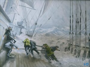 Painting of a sailing ship in a storm